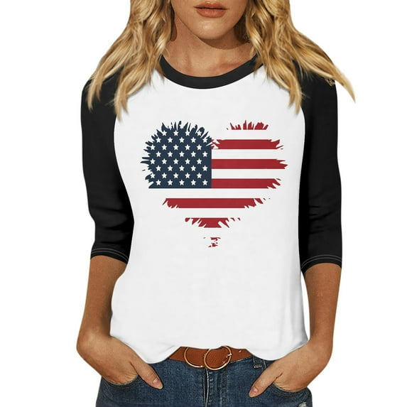 July 4th 3/4 Sleeve Shirts for Women American Flag Stars Stripes Shirts T-Shirt Cute Graphic Tees USA Flag Patriotic Tshirts Tunic Tops