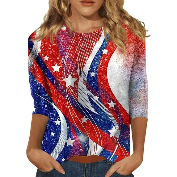 July 4th 3/4 Sleeve Shirts for Women American Flag Stars Stripes Shirts T-Shirt Cute Graphic Tees USA Flag Patriotic Tshirts Tunic Tops