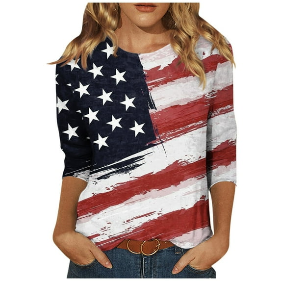 July 4th 3/4 Sleeve Shirts for Women American Flag Stars Stripes Shirts T-Shirt Cute Graphic Tees USA Flag Patriotic Tshirts Tunic Tops