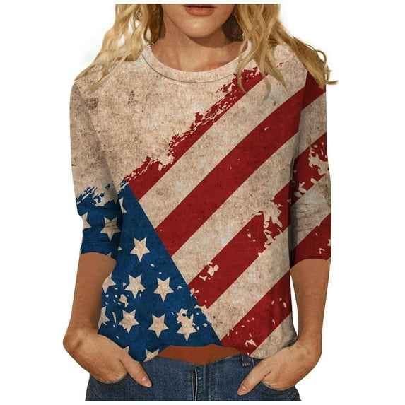 July 4th 3/4 Sleeve Shirts for Women American Flag Stars Stripes Shirts T-Shirt Cute Graphic Tees USA Flag Patriotic Tshirts Tunic Tops