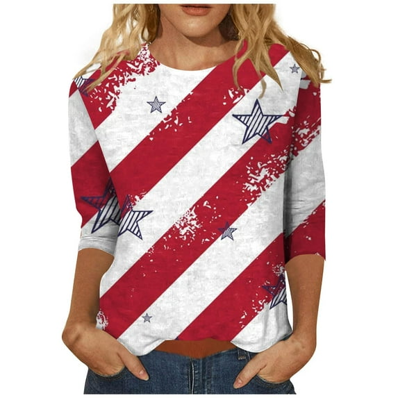 July 4th 3/4 Sleeve Shirts for Women American Flag Stars Stripes Shirts T-Shirt Cute Graphic Tees USA Flag Patriotic Tshirts Tunic Tops