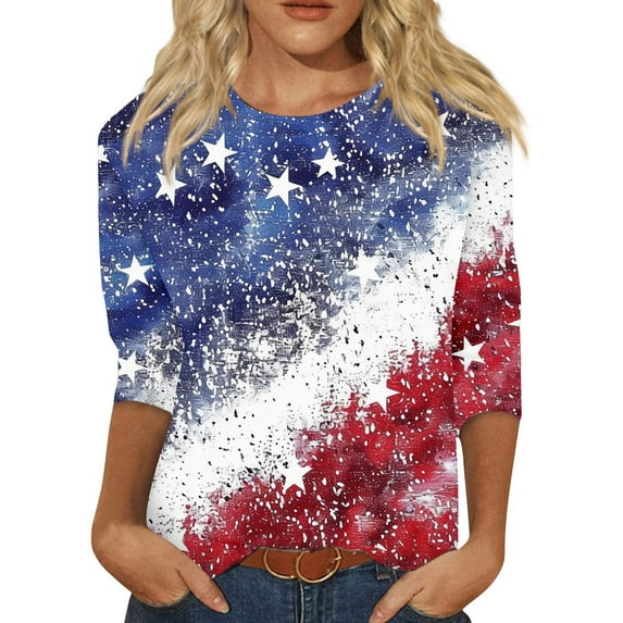 July 4th 3/4 Sleeve Shirts for Women American Flag Stars Stripes Shirts T-Shirt Cute Graphic Tees USA Flag Patriotic Tshirts Tunic Tops