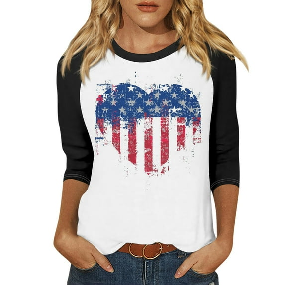 July 4th 3/4 Sleeve Shirts for Women American Flag Stars Stripes Shirts T-Shirt Cute Graphic Tees USA Flag Patriotic Tshirts Tunic Tops