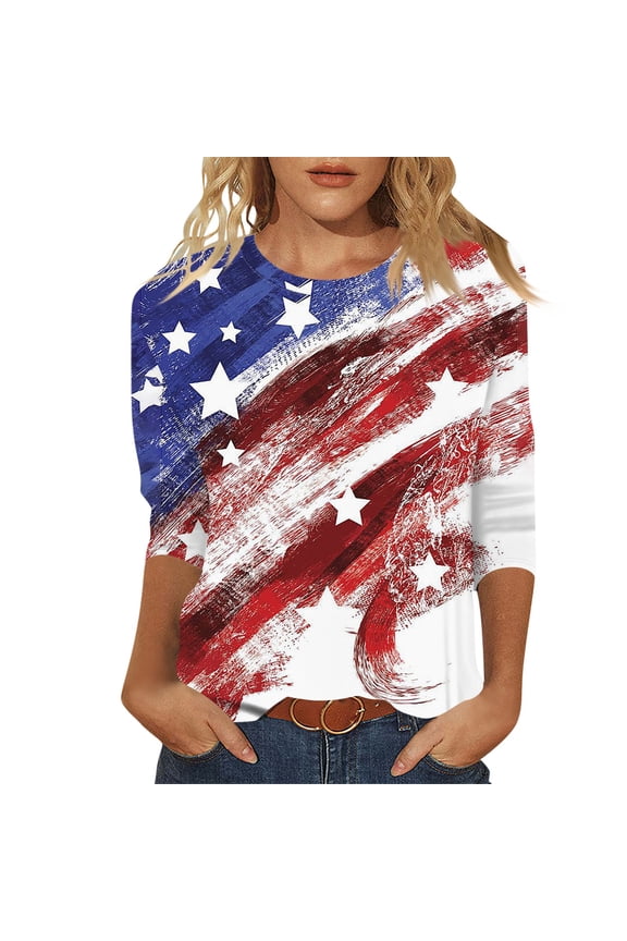 July 4th 3/4 Sleeve Shirts for Women American Flag Stars Stripes Shirts T-Shirt Cute Graphic Tees USA Flag Patriotic Tshirts Tunic Tops