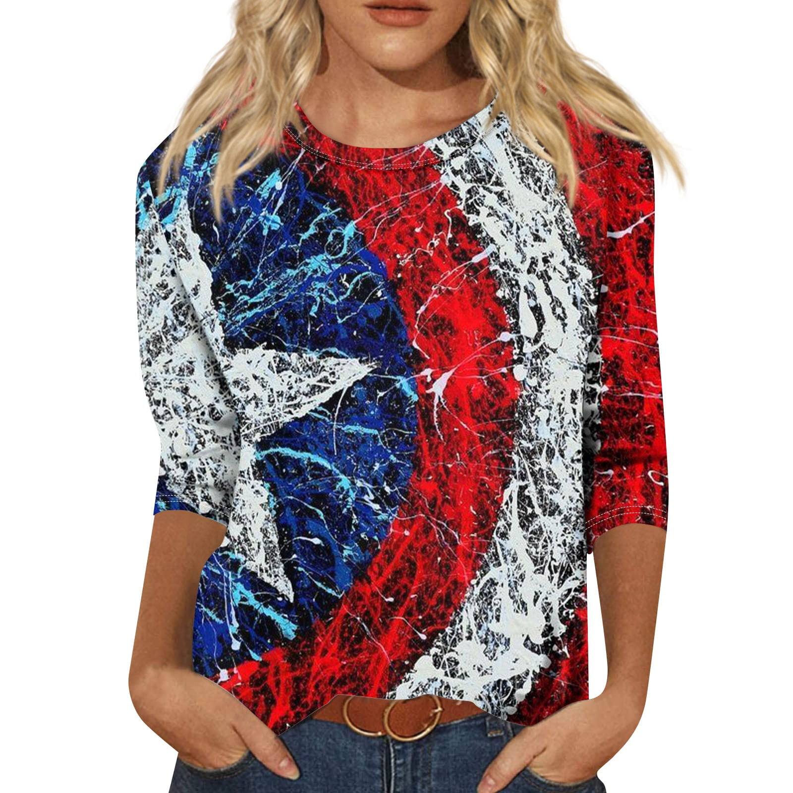 Women's 4th Of July Shirt - Distressed USA Stars Graphic Patriotic Cold Shoulder Top (Blue, Size S)