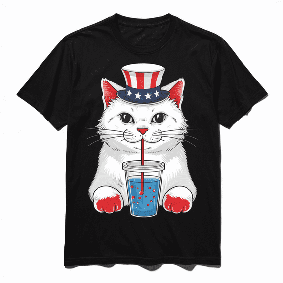 July 4th American Cat Tee Patriotic Stars and Stripes USA Flag Shirt