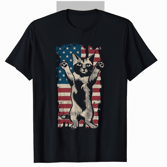 July 4th American Cat Tee - Patriotic Stars and Stripes USA Flag Shirt