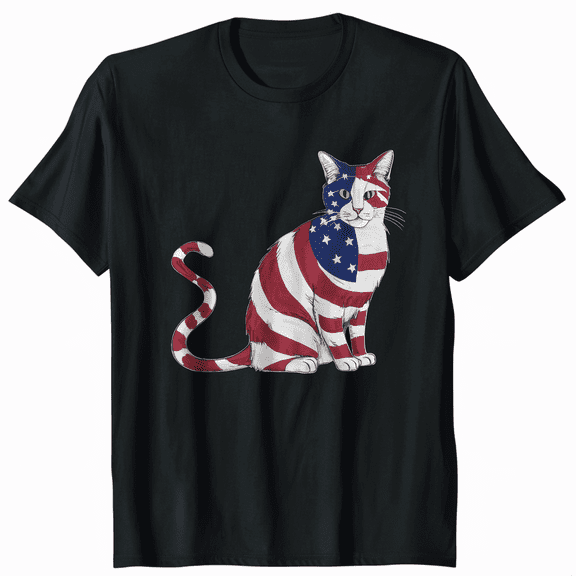 July 4th American Cat Tee Patriotic USA Flag Independence Day Shirt