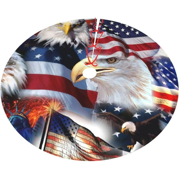 July 4th American Flag Patriotic USA New York Eagle Ny 36 Inch Christmas Tree Skirt Carpet Mat Funny Party Decor Supplies for Xmas Halloween Decorations Occasion Ornament