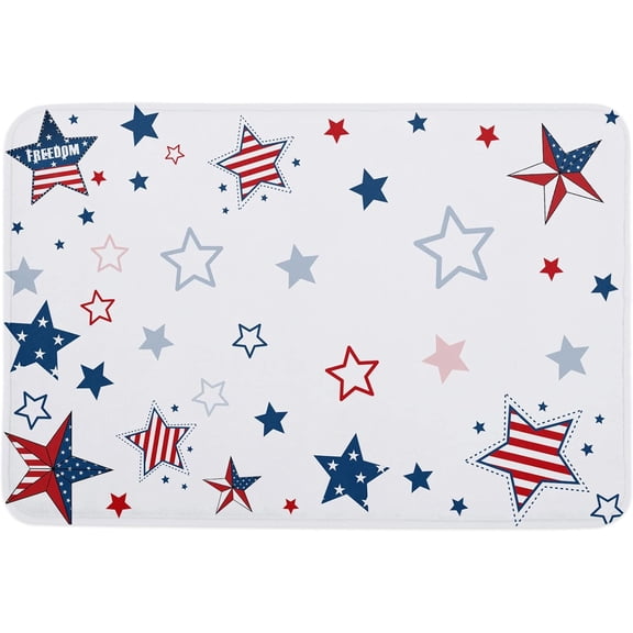 July 4th Bath Rugs Red Blue White Stars Independence Day Holiday Sponge Doormat Absorbent Non Slip Backing Flannel Mat American Flag Memory Foam Mats for Bathroom Kitchen, 24 * 16IN