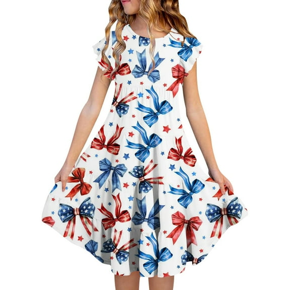 July 4th Casual Dresses for Girl Independence Day Clothes American Flag Gradient Dresses Flowy A Line Dress Summer Spring Outfit (Blue 14-15 Years)