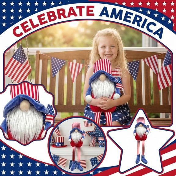 July 4th Decor, Swedish Tomte Gnome Plush Doll, Classic Stars & Stripes, Premium Photogenic Table Decor, Festive Window Display, Brings Good Luck and Joy