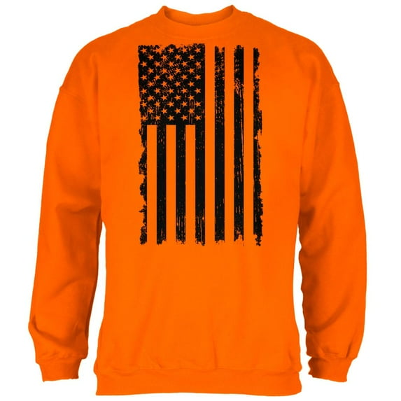 July 4th Distressed Black And White Vertical American Flag Mens Sweatshirt Safety Orange MD
