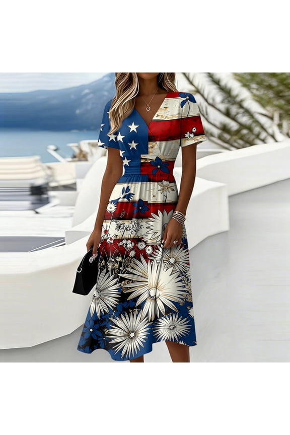 July 4th Dresses for Women Independence Day Flag Print Dress A-Line Summer V Neck Short Sleeve America Clothes Flowy Dresses