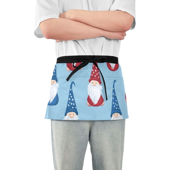 July 4th Gnomes in Flag Pattern Clothes Short Server Apron with 3 Pockets for Unisex Chef Gardening
