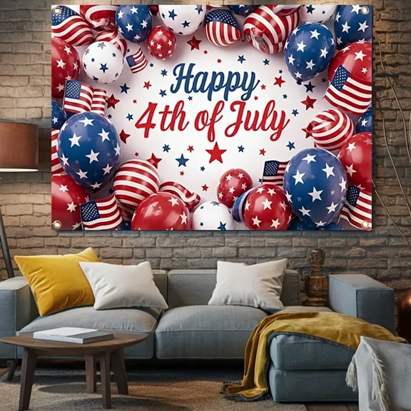 July 4th Happy Party Banner - Patriotic Polyester Background with American Flag Feature, Star Spangled Design for Room and Wall Decor - Perfect for Independence Day Celebrations