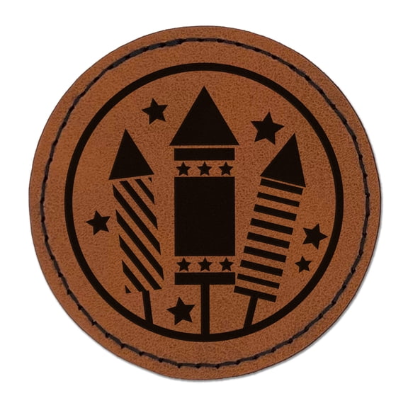 July 4th Independence Day Fireworks Patriotic USA 2.5" Faux Leather Round Engraved Iron-On Patch - Brown