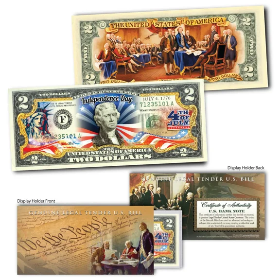 July 4th Independence Day Genuine Legal Tender Uncirculated Colorized U.S. $2 Bill with CoA & Holder