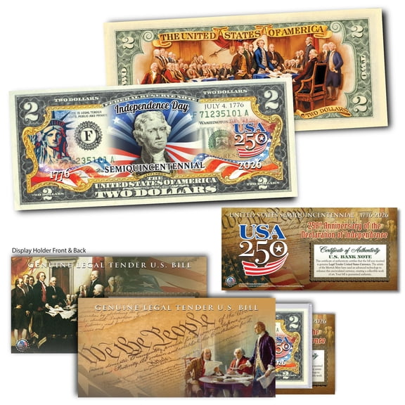 July 4th Independence Day Genuine Legal Tender Uncirculated Colorized U.S. $2 Bill with CoA & Holder