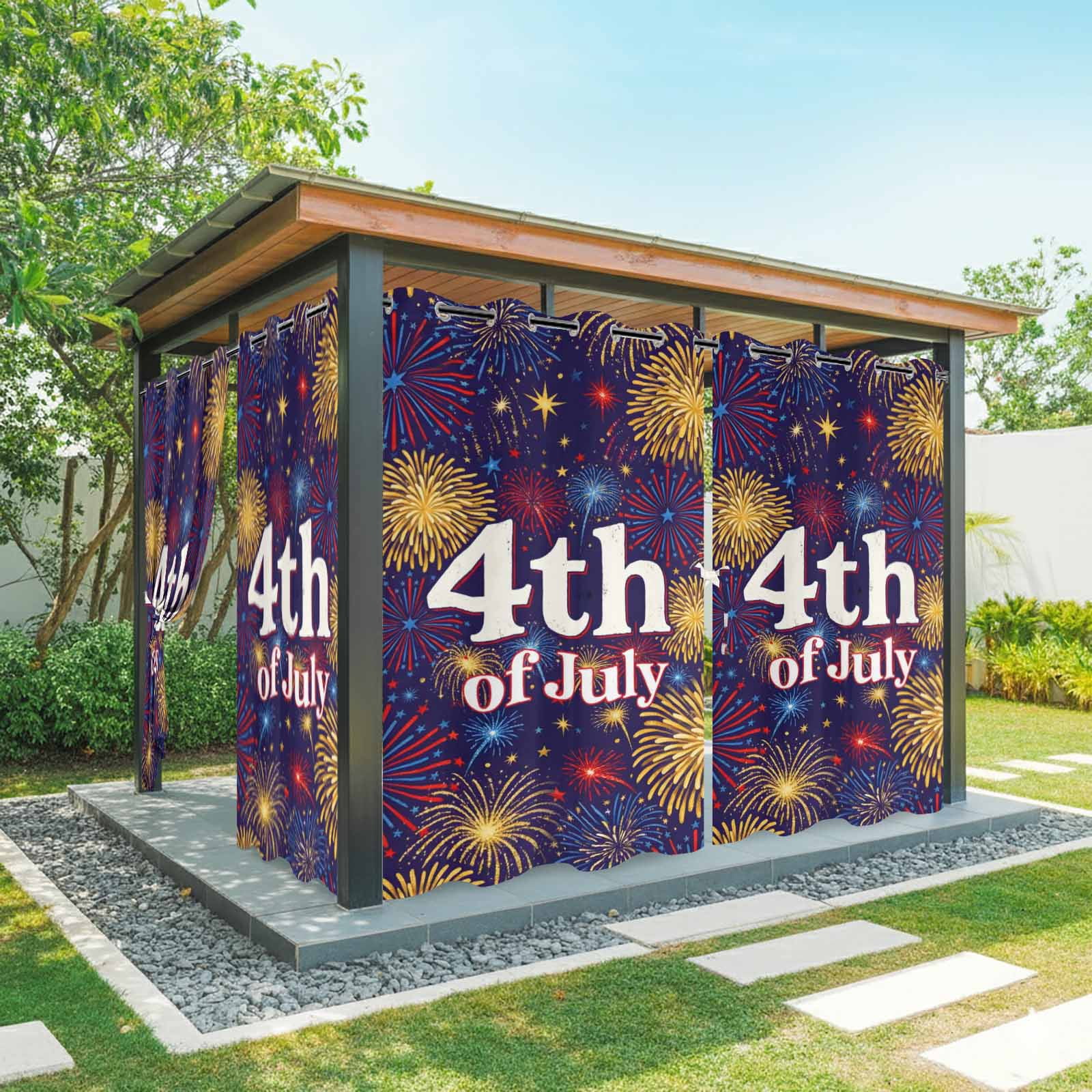 July 4th Outdoor Curtains for Patio, Independence Day Retro Red Blue Yellow Fireworks Dark Blue Sunshade Privacy Drapes Grommet Waterproof Outside Curtains for Porch/Cabana/Balcony 54"x 108", 1 Panel