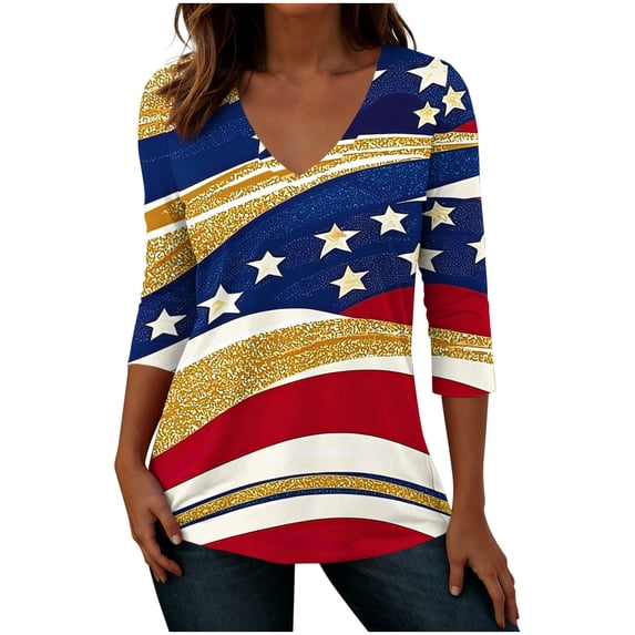 July 4th Outfits Women 3/4 Sleeve V Neck Patriotic T-Shirts Stars Striped Print Festive Casual Tunic Tops (3XL, Multicolor)