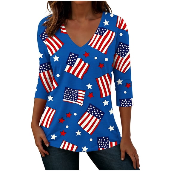 July 4th Outfits Women 3/4 Sleeve V Neck Patriotic T-Shirts Stars Striped Print Festive Casual Tunic Tops (L, Navy)