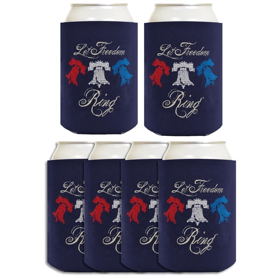 July 4th Party Favor Let Freedom Ring Navy 6-Pack Can Drink Sleeves