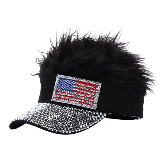 July 4th Party Hat with Wig, Patriotic Rhinestone Baseball Cap, American Flag Themed Clothes Hat for Independence Day Celebration and Festive Photo Prop