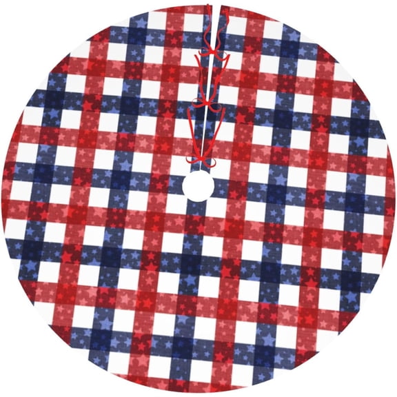 July 4th Patriotic American Flag Plaid Red Blue White 36 Inch Christmas Tree Skirt Carpet Mat Funny Party Decor Supplies for Xmas Halloween Decorations Occasion Ornament