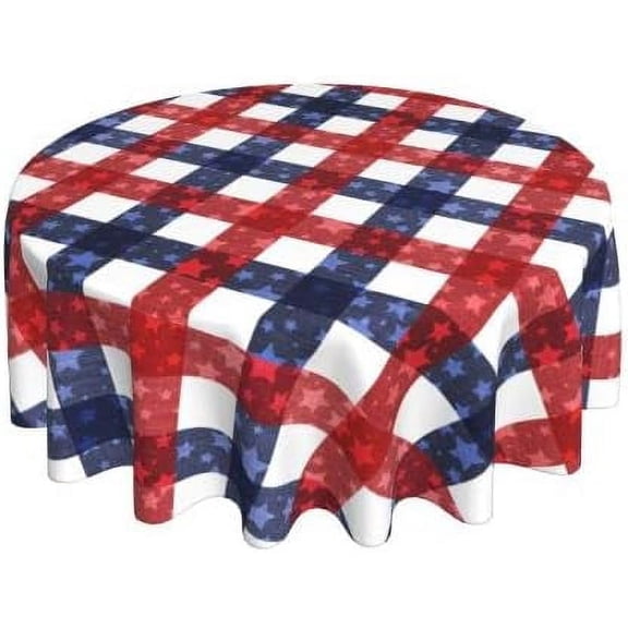 July 4th Patriotic American Flag Plaid Red Blue White Waterproof Picnic Patio Party Round Table Cloth Cover 60 Inch Circular Tablecloth for 20-47 Inch Home Dining Room