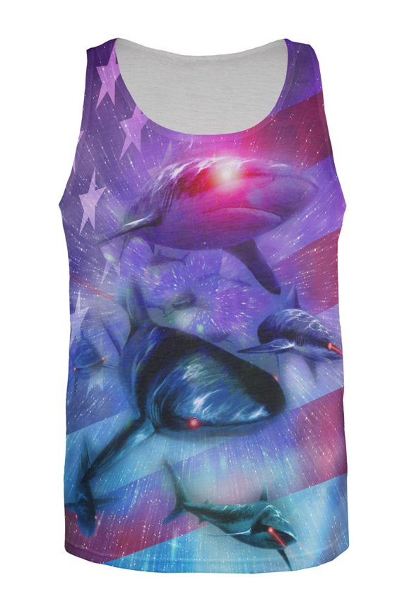 July 4th Patriotic American Galaxy Laser Sharks All Over Mens Tank Top Multi SM