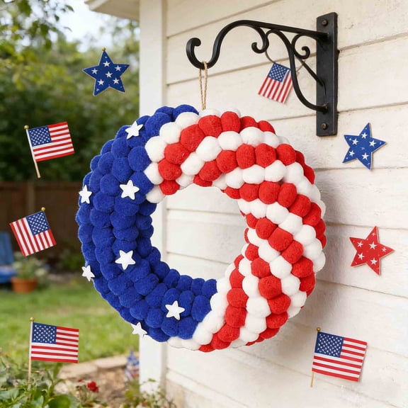 July 4th Patriotic Americana Wreath Boxwood Handcrafted Memorial Day Wreath Festival Garland Decoration Front Door Wall Home Decor