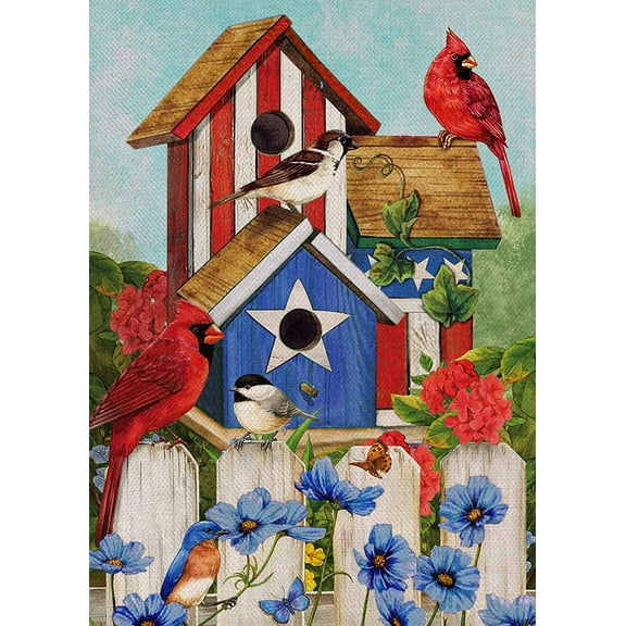July 4th Patriotic Cardinal Red Birds Garden Flag, American USA Yard Home Decorative Flower Outside Decoration, America Memorial Day Spring Summer Burlap Outdoor Small Decor Double Sided 12x18