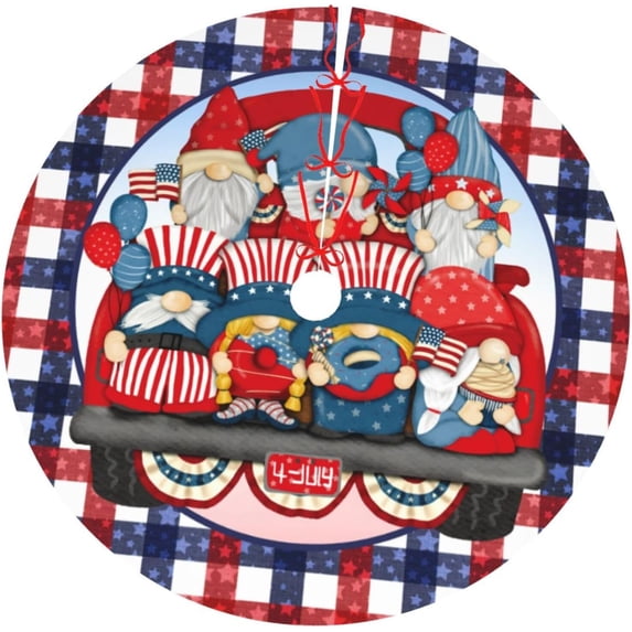 July 4th Patriotic Cute Truck Gnome Plaid 36 Inch Christmas Tree Skirt Carpet Mat Funny Party Decor Supplies for Xmas Halloween Decorations Occasion
