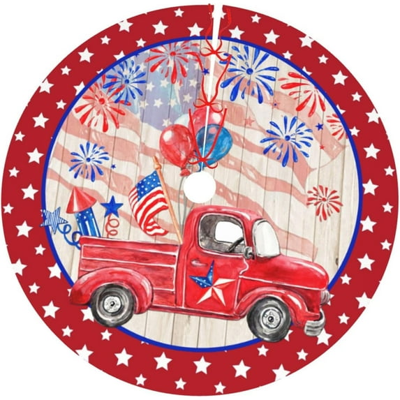 July 4th Patriotic Cute Truck Patriotic 36 Inch Christmas Tree Skirt Carpet Mat Funny Party Soft Cover Mat Decor Supplies for Xmas Halloween Decorations Occasion Farmhouse