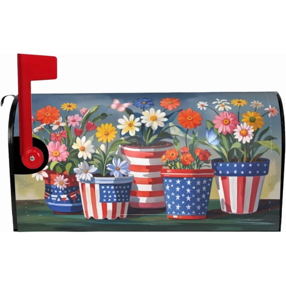 July 4th Patriotic Mailbox Covers, Summer Flower Magnetic Mailbox Covers, Independence Day 21" Lx 18" W Wrap Post Letter Box for Outdoor Decor