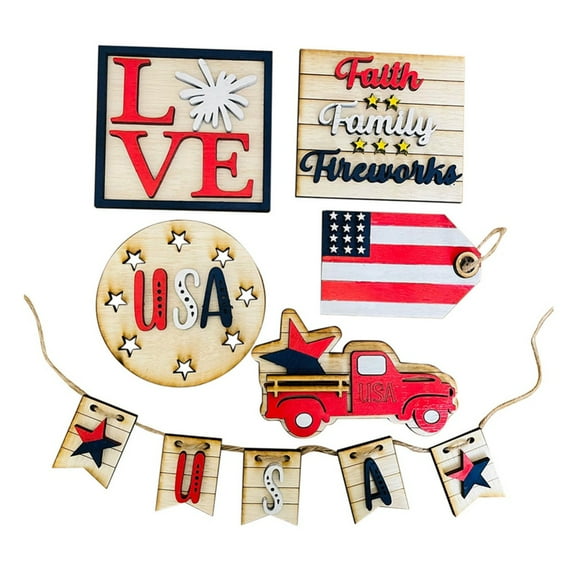 July 4th Patriotic Tiered Tray Decor, Independence Day Stars and Stripes Wood Signs Decor Farmhouse Rustic God Bless America Memorial Day Decoration Set of 6