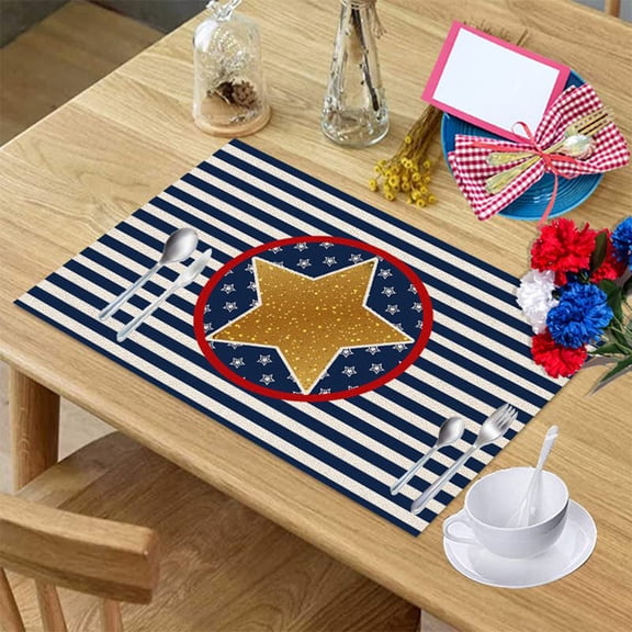 July 4th Placemats Set of 1- Red White Blue Heat Resistant Placemat Washable Cotton Linen Summer Table Mats Independence Day Party Holiday Decorations for Home Kitchen Dining Table Outdoor Indoor
