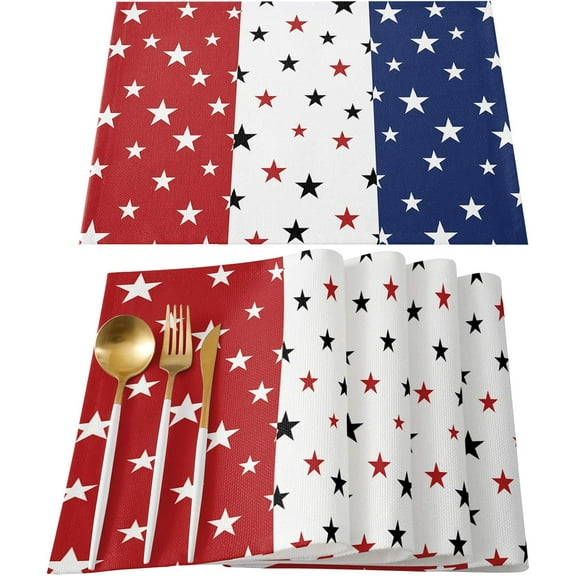 July 4th Placemats Set of 4- Red White Blue Heat Resistant Placemat Washable Cotton Linen Summer Table Mats Independence Day Party Holiday Decorations for Home Kitchen Dining Table Outdoor Indoor