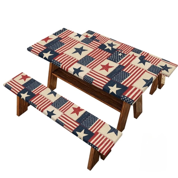 July 4th Retro American Flag Elements Picnic Table Cover With Bench Covers Camping Essentials Waterproof Windproof Camping Tablecloth With Elastic Edge 250th Anniversary 60x30in