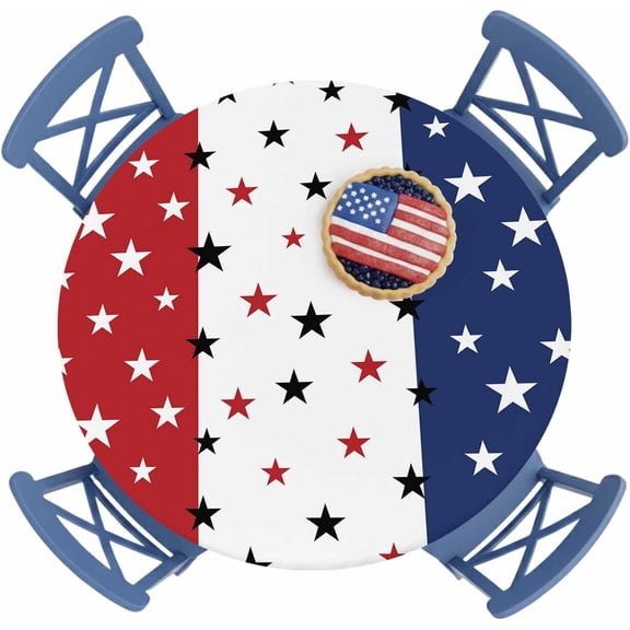 July 4th Round Tablecloth Red White Blue Elastic Edge Fitted Plastic Table Cover,Waterproof Oil Proof for Dinner,Outdoor, Picnic, 45"- 54" Tables Independence Day Americana Stars