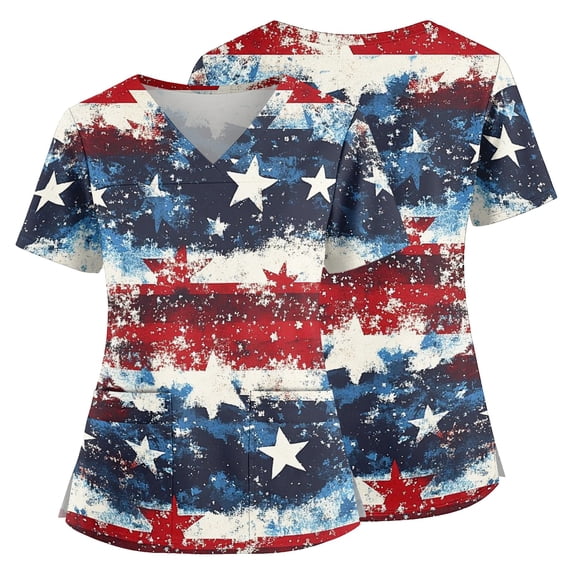 July 4th Scrub Tops Women Vneck American Flag Prints Independence Day Patriotic Working Uniforms Pocketed Holiday Shirt Dark Blue XL