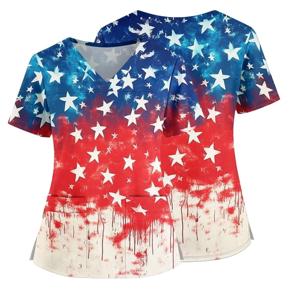 July 4th Scrub Tops Women Vneck American Flag Prints Independence Day Patriotic Working Uniforms Pocketed Holiday Shirt Red XXXL