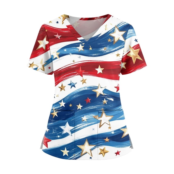 July 4th Scrub Tops Women Vneck American Flag Prints Independence Day Patriotic Working Uniforms Pocketed Shirts 01-Deep Red L