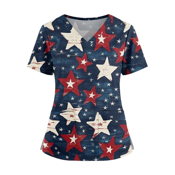 July 4th Scrub Tops Women Vneck American Flag Prints Independence Day Patriotic Working Uniforms Pocketed Shirts 01-Navy M