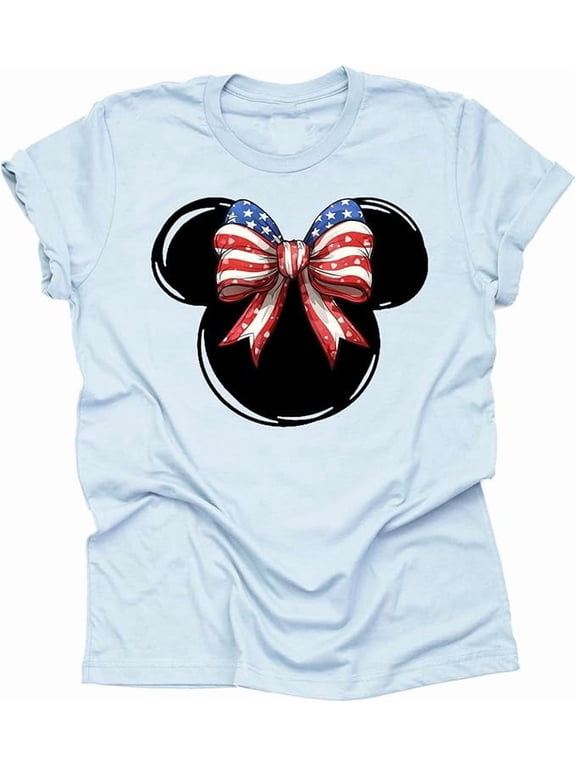 July 4th Shirt, Independence Day Big Bow Red White and Blue Mickey Unisex Shirt Short Sleeve T-Shirt ( Small, Light Blue)