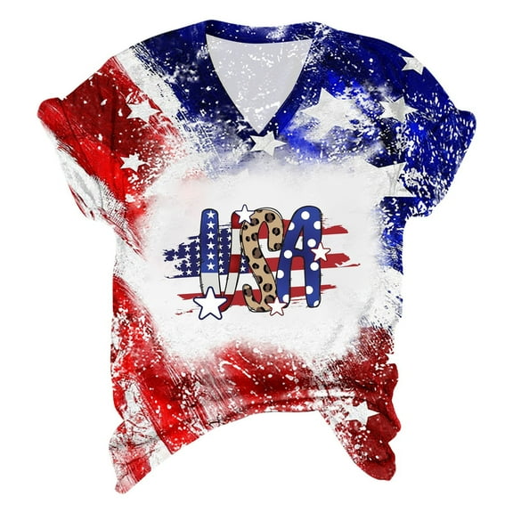 July 4th Shirt for Women V Neck Short Sleeve USA Flag Graphic Tee Tops Patriotic Blouses