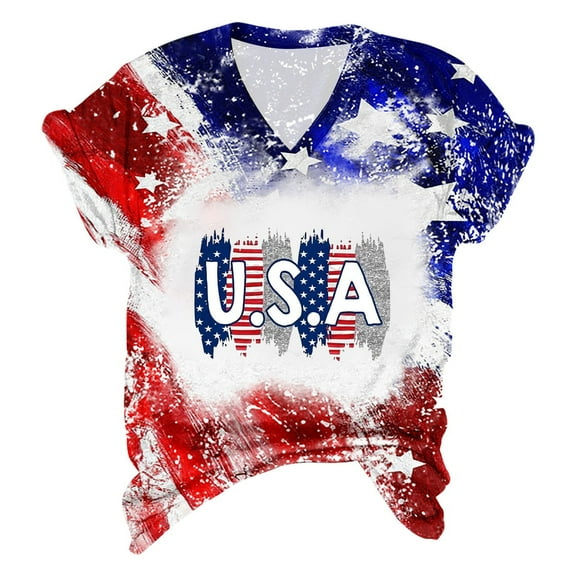 July 4th Shirt for Women V Neck Short Sleeve USA Flag Graphic Tee Tops Patriotic Blouses