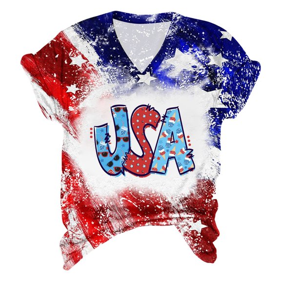 July 4th Shirt for Women V Neck Short Sleeve USA Flag Graphic Tee Tops Patriotic Blouses