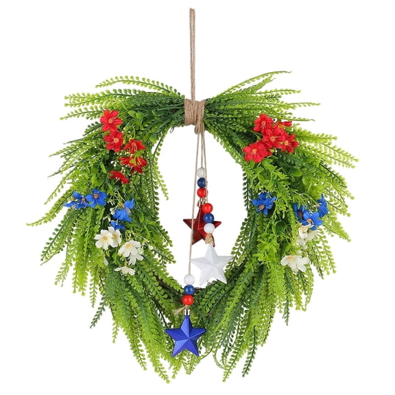 July 4th Spring Summer Wreaths for Front Door Patriotic American Wreath with Flowers Leaves, Artificial Floral Green Foliage for Wall Window Farmhouse Party Holiday Decor